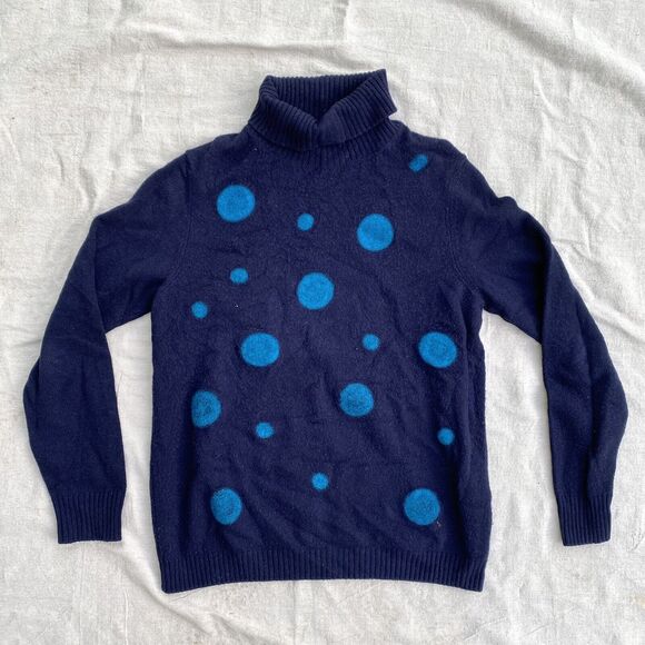RODA Polka Dot Navy Blue Sweater 100% Wool Turtleneck Italy Large - Picture 1 of 6